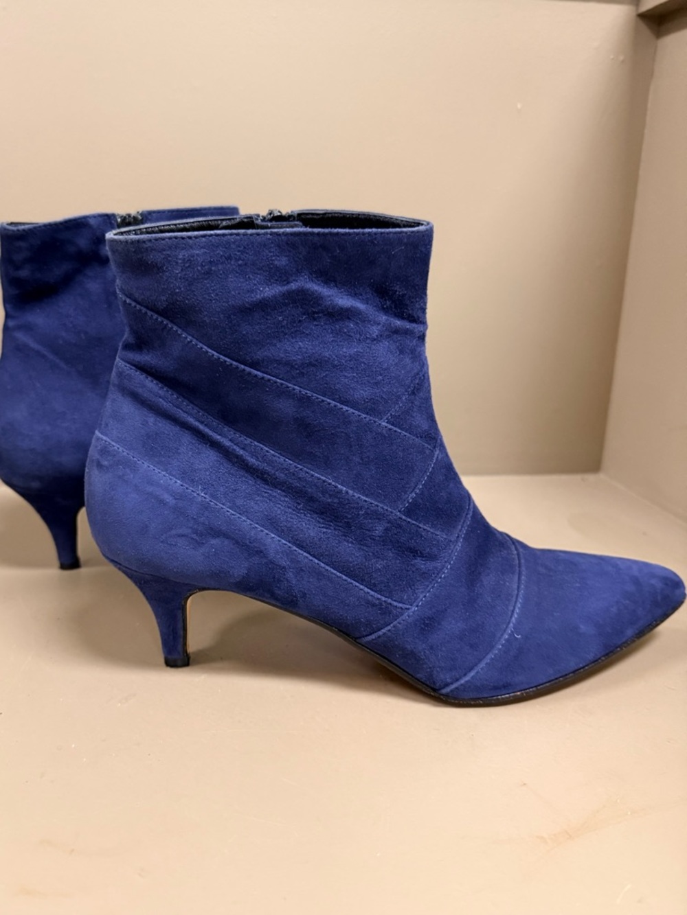 Italian Luxury Brand Butter Light Navy Suede Kitten Heel Booties, Fit like 9.5